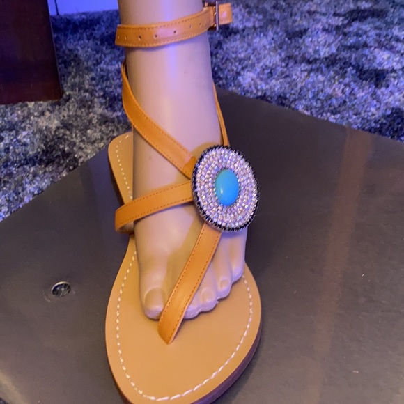 Flat ankle wrap sandels turquoise & sparkle - Picture 2 of 4